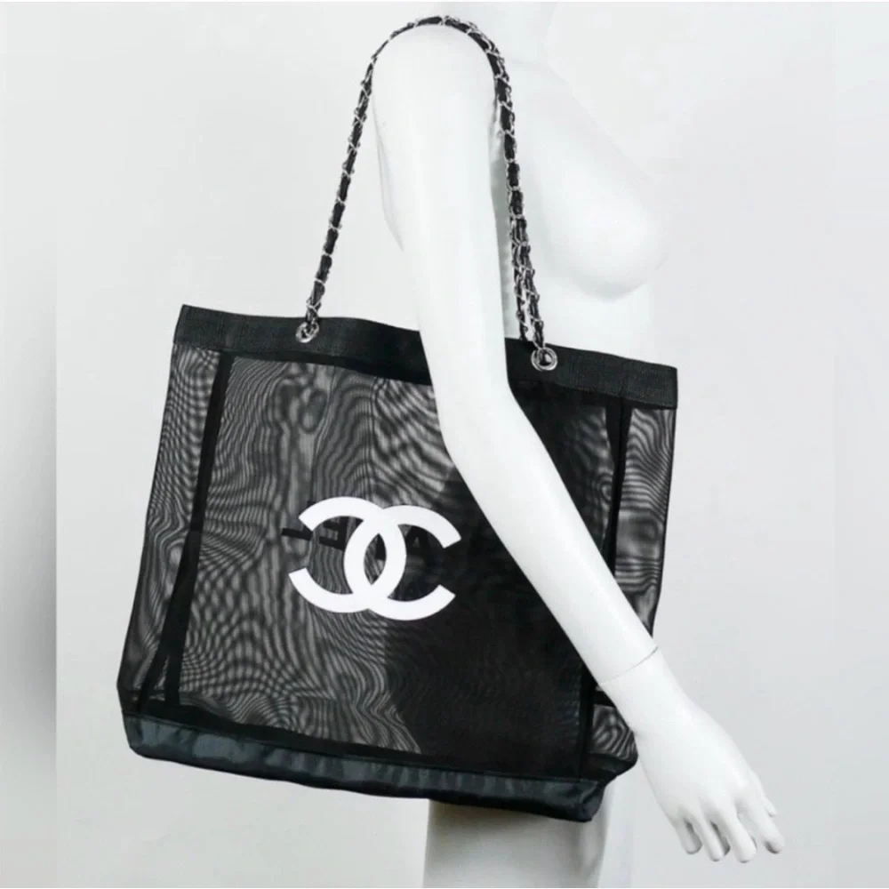 NWT Chanel Mesh Beach Tote Bag + Matching Pouch & Ribbon • Large • Summer Bag - Picture 3 of 3